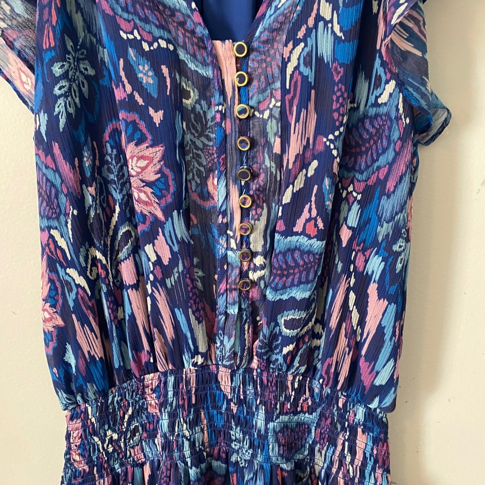 Ramy Brook Blue Paisley Ikat Smocked Waist Flutter Sleeve Ruffle Mini Dress - Picture 4 of 7